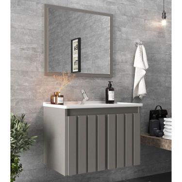 Imagem de Armário de Banheiro Barra 60 com Espelho 2 Portas e 1 Gaveta Cimento - Belizze