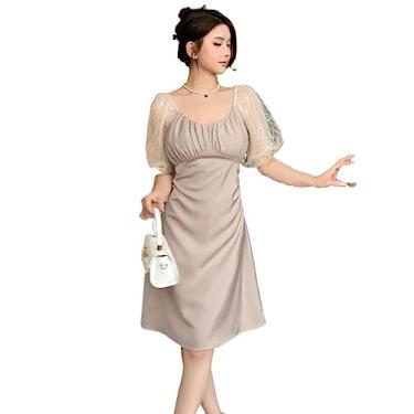 Imagem de Camisa Feminina Contrast Mesh Puff Sleeve Ruched Bust Dress (Color : Apricot, Size : CH)