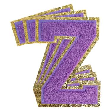 Imagem de 3 peças de remendos de letras de chenille roxo glitter ferro em remendos de letras Varsity Remendos bordados de chenille costurar em remendos para roupas chapéu bolsas jaquetas camisa (roxo, Z)