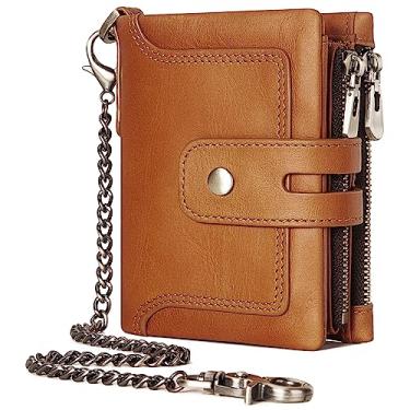 Imagem de Carteira com corrente, bolsa de couro legítimo, bloqueio de RFID, bolso duplo para moedas com zíper duplo com corrente antirroubo, carteiras de corrente à prova de carteira para homens (marrom)