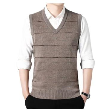 Imagem de Suéter masculino colete jacquard gola V pulôver sem mangas tricotado quente suéter inferior, Cáqui, XXG