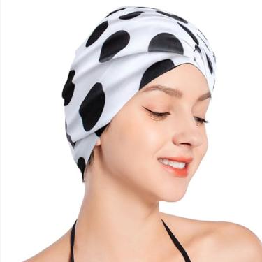 Imagem de SUNTRADE Touca de Banho Feminina com Nó Plissado Turbante Chapéu de Natação Não Impermeável (Branco e Preto)