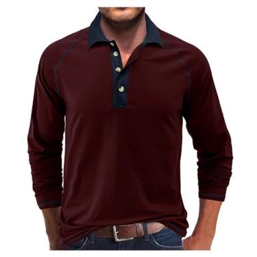 Imagem de Camisa polo masculina meia frente botões de colarinho aberto pulôver cor combinando manga longa, Vinho tinto, P