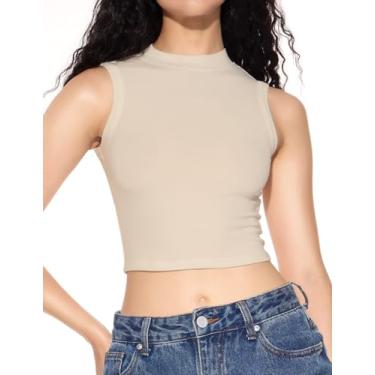 Imagem de Tops cropped femininos canelados, sem mangas, gola redonda para roupas de verão, Bege, G