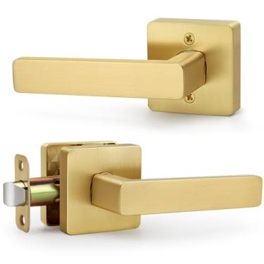 Imagem de LOQRON Maçaneta de porta quadrada dourada escovada, sem trava, com maçaneta reversível para porta de armário de corredor, 1 Pack