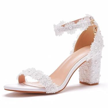 Imagem de Beauty Admire Sandálias femininas de salto bloco com tira no tornozelo de 9,5 cm, salto grosso, bico aberto, renda branca, sapatos de casamento, Branco, 7,6 cm, 37