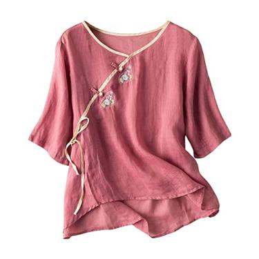 Imagem de Camiseta feminina de verão de linho, cor sólida, gola redonda, botões, caimento solto, manga curta, túnica, Vermelho, G