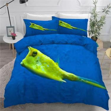 Imagem de Jogo de cama Fish King, azul, conjunto de 3 peças para decoração de quarto, capa de edredom de microfibra macia 264 x 232 cm e 2 fronhas, com fecho de zíper e laços