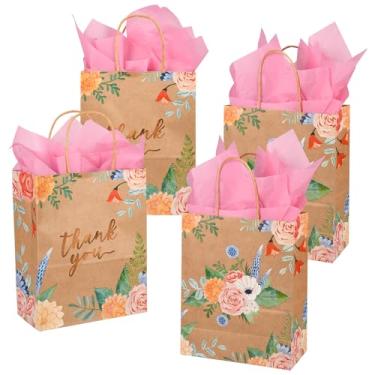 Imagem de DjinnGlory Pacote com 50 sacos kraft marrons médios sacos de papel floral Thank You com alças 25 x 20 x 10 cm e 50 papel de seda rosa