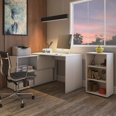 Imagem de Kit 2 Peças com Escrivaninha em L com Portas de Correr Mingle e Estante com 3 Nichos Organizador Branco