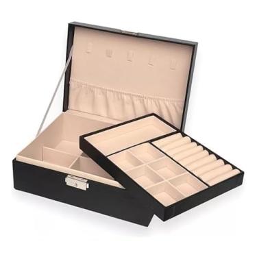 Imagem de Amarme - Maleta Porta Joias Elegance Interior em Veludo com Tranca. Estojo Organizadora Grande de Dupla Camada para Joias, Brincos, Anéis, Bijuterias. Porta Jóias para Viagem Porta-Jóias Luxo Preto