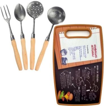 Imagem de Kit 4 Talheres Cabo de Madeira + Tábua Hamburguer 37cm Marrom - Pra vc