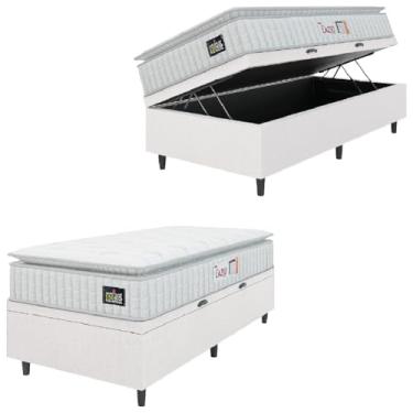 Imagem de Cama Box Baú Solteiro Colchão Espuma D45 Lazio Pillow Top 88x188x65cm Branco Hellen – Suporta Até 150 Kg Por Pessoa