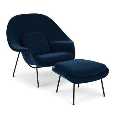 Imagem de Poltrona com Puff Womb Chair Base Preta Veludo - Decorato Móveis, Azul