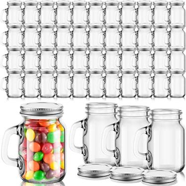 Imagem de Tessco 48 peças de mini canecas de vidro Mason Jar com alças e tampas, copo pequeno e decoração de lembrancinhas de casamento, chá de panela, artigos de festa para bebidas, presentes, velas e artesanato (40 g)