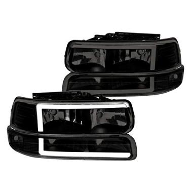 Imagem de Spec-D Tuning Faróis de lente fumê com barra de LED preta + para-choque, refletor transparente de 4 peças, compatível com Chevy Silverado 1999-2002, 00-06 Tahoe Suburban, conjunto de par L+R