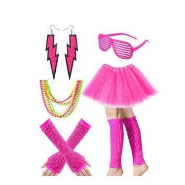 Imagem de Conjunto Fantasia de Festa Retrô Rosa Anos 80 90 Com Saia Par de Brinc