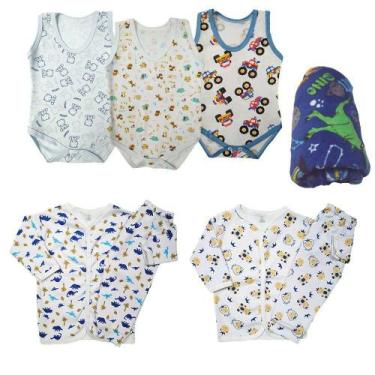 Imagem de Kit Roupa Bebê 8 Peças Conjunto Pijama e Body Regata + Manta - Koala B