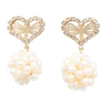 Imagem de Brinco Strass e Pérola Coração BC3636 - Akasaki, Dourado