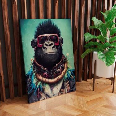 Imagem de Quadro Tecido Canvas Macaco Óculos De Sol Jaqueta De Couro - LindaCasa