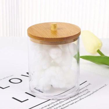 Imagem de Organizador de Cosméticos Acrílico Porta Algodão Cotonete Tampa Bambu 