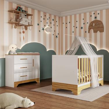 Imagem de Quarto de Bebê Cômoda e Berço 3 em 1 100 MDF Popy Móveis Peroba - Branco Brilho/Amendoa