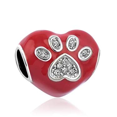 Imagem de MiiFort Pingente de coração vermelho com estampa de pata cintilante, serve para pulseiras Pandora Charms Moments Cat Dog Animal Heart beat Cubic Zirconia, One Size, Cobre, Sem Pedra Preciosa