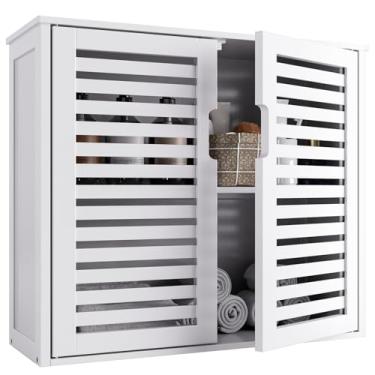 Imagem de HITNET Armário de banheiro branco sobre vaso sanitário, armário de remédios de bambu, organizador de armazenamento de parede, armário de cozinha com portas duplas e prateleira ajustável