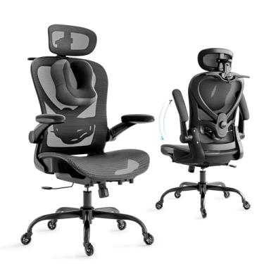 Imagem de LarkLeaves Cadeira Escritorio com Travesseiro para Pescoço e Encosto de Cabeça 3D, Cadeira Ergonomica com Cabide e Rodas de Borracha, Cadeira Presidente com Suporte Lombar 2D e Braços Rebatíveis,Preta