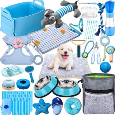 Imagem de Abbylike Kit iniciante de 50 peças para cães pequenos, inclui coleira, tigelas, escovas de dentes, garrafa de água e mais acessórios para cães, presente de boas-vindas de Natal (azul)