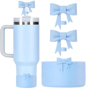 Imagem de Oddyami Capas de canudo com laço de silicone azul + bota compatível com Stanley Cups, lindas botas de garrafa com canudo de 10 mm para copo de 1,134 g com alça, conjunto de acessórios de copo Stanley,