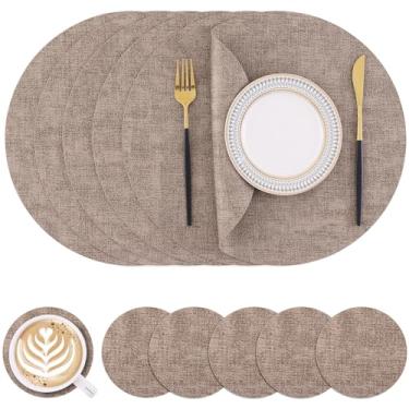 Imagem de Homaxy Jogo americano e porta-copos redondos de couro sintético, tapetes de mesa laváveis de dois lados, tapetes de jantar resistentes ao calor limpáveis para ambientes externos e internos, conjunto