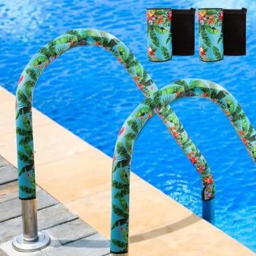 Imagem de Pacote com 2 capas de corrimão de piscina, folhas de palmeira de verão, capas de corrimão de piscina com zíper, capa de trilho antiderrapante para alça de piscina, protetor de manga para alça de