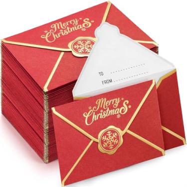 Imagem de Kosiz 50 peças de mini envelopes de Natal para cartões de presente, envelopes pequenos para cartões de visita, porta-cartões de visita, com borda dourada para cartões de notas, moedas, Natal, férias, negócios, 7 cm x 9 cm (vermelho)