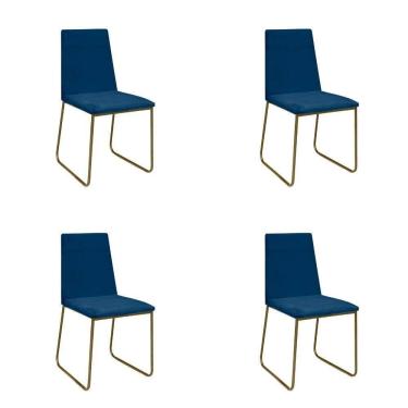 Imagem de Kit 4 Cadeiras De Jantar Cozinha Industrial Lexa Veludo Élpis Móveis Azul Marinho Dourada