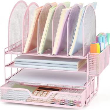 Imagem de ORDROLL Organizadores de papel de mesa e acessórios, bandejas de letras de 3 camadas com 5 suportes de arquivo verticais, gaveta e suporte de caneta (rosa)