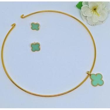 Imagem de kit Colar Choker + Par de Brincos Aro Liso Rigido Brinco antialérgico 