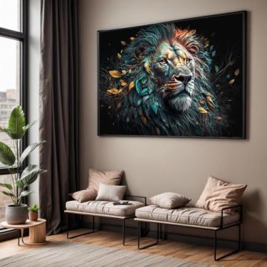 Imagem de Quadro com Moldura Sala Quarto 90x60 Leão Abstrato com Folhas Decorativo Horizontal Grande Hall
