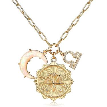 Imagem de MISS RIGHT Colar de moedas de signo do zodíaco de ouro com pingente de lua crescente de opala para mulheres meninas da moda, corrente delicada de clipe de papel de ouro 12 colares de horóscopo de constelação colares de astrologia joias presentes, 18.11 inches, Gema, Zircônia cúbica