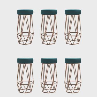 Imagem de Kit 06 Banqueta Com Encosto Mhara Hexágono Cozinha Bar Ferro Bronze Suede Azul Turquesa - Ahz Móveis