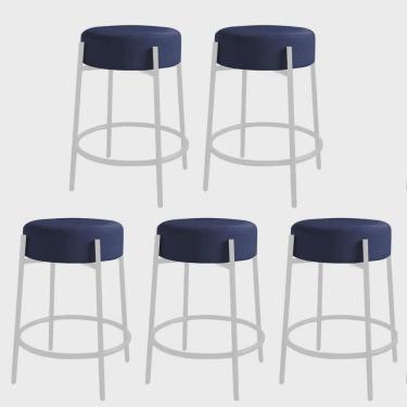 Imagem de Kit 05 Banquetas Alta Sintra 65cm Redonda Ferro Branco Corino Azul Marinho - Ahazzo Móveis