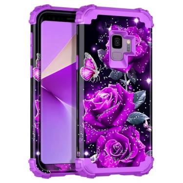 Imagem de Miqala Capa para Galaxy S9, brilha no escuro, três camadas, resistente, à prova de choque, proteção total de plástico rígido + capa protetora de silicone macio para Samsung Galaxy S9, roxo escuro