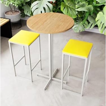 Imagem de Conjunto Mesa Alta Bar Bistrô Redonda Pinus 2 Bancos Estofado Industrial White (Amarelo)
