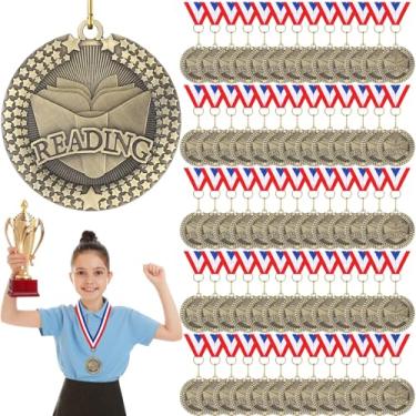 Imagem de Tondiamo 100 peças medalhas de leitura superstar livro de leitura medalhas de prêmio com fita de pescoço a granel para crianças livro de presente prêmio prêmio presente competições escolares
