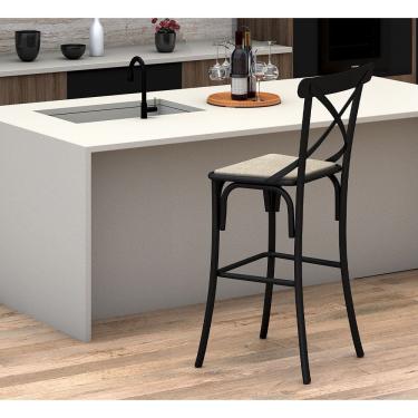 Imagem de Banqueta com Encosto Katrina Premium em Aço Preta Assento Bege