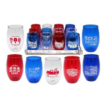 Imagem de Pen Kit Mall PKM - Taças de vinho sem haste - Conjunto de 12 - NOVIDADES ENGRAÇADAS - CAMPING - NATAL - DIA DE ANO NOVO - PATRIÓTICO - FEITO NOVO NOVO NOS EUA (TEMA PATRIÓTICO)