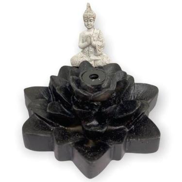Imagem de Incensário cascata Flor de Lotus branco e preto 7 cm resina - Lua Míst