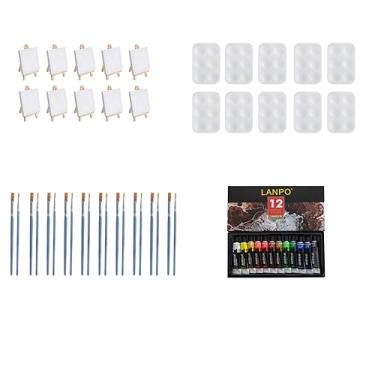 Imagem de AILOVE Conjunto de tinta acrílica de 52 peças, 12 cores com 10 mini telas de 10 x 10 cm, 10 cavaletes de 14 cm, 20 pincéis, paleta de tinta