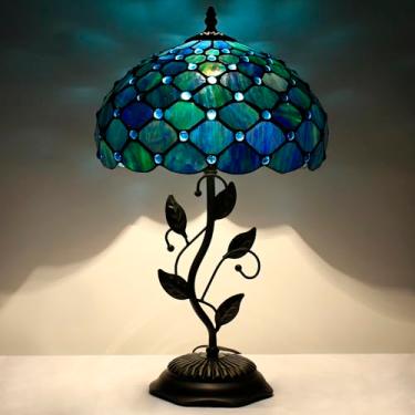 Imagem de WXCFCD Luminária De Mesa Tiffany Estilo Pérola Azul-Marinho, Luminária De Mesa Com Vitral, 12X12X19 Polegadas, Luz De Leitura, Decoração Para Quarto E Sala De Estar