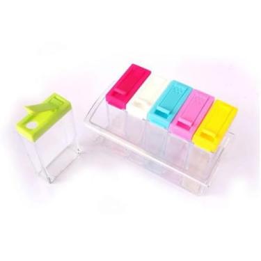 Imagem de Porta Temperos de Acrílico com 6 Potes e Suporte, 17 x 10,5 x 7 cm, Tampas Coloridas